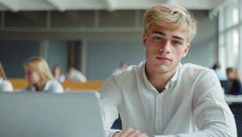 Man in school. Boy studying in highschool class. Male teenager in college. Lecture in university. Concept of knowledge or education. Blond young student at classroom photo