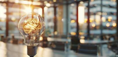 Lamp and blurred office. Lightbulb with mind. Glowing electrical lamp. Blur room interior. Genius brain and invention idea. Bright creativity solution and light electricity photo