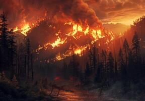 Forest at fire. Burning tree disaster. Global warming problem. Flame and smoke in mountain. Bushfire danger. Wildfire destruction of nature photo