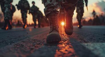 Military troops soldier. Army shoes. Training of man in camouflage. Armed boot. photo