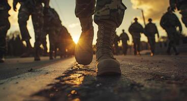 Military troops soldier. Army shoes. Training of man in camouflage. Armed boot photo