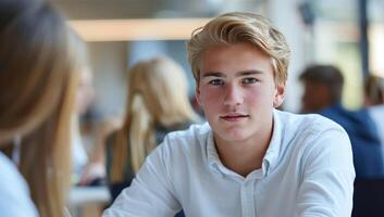Man in school. Blond young student at classroom. Boy studying in highschool class. Lecture in university. Concept of knowledge or education. Male teenager in college photo