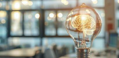 Lamp and blurred office. Lightbulb with mind. Genius brain and invention idea. Bright creativity solution and light electricity. Glowing electrical lamp. Blur room interior photo