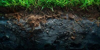Soil layers, clay mud earth. Natural brown land background. Geology surface, environment underground texture. Outdoors pattern. Horizontal dirt ground cross section photo