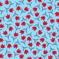 Seamless pattern of simple red tulips on a blue background. graphics. vector