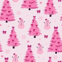 Seamless pattern with pink Christmas trees decorated with bows and snowmen. graphics. vector