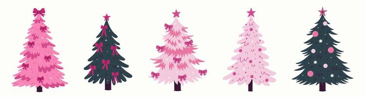 Collection of green and pink Christmas trees decorated with balls and bows. graphics. vector