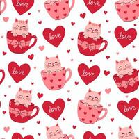 Valentine s Day seamless pattern cats in mugs and hearts. graphics vector