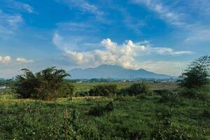 Beautiful panorama of the mountain from a distance with a large grassy area in the foreground. Landscape view of a mountain with a cloudy blue sky and green grass and trees in the foreground photo