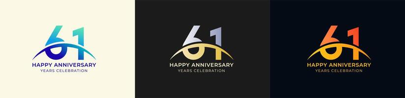 Logo Anniversary with Swoosh Sunrise 61th, 61th Happy Anniversary with Colorful Gradient, Luxury Gold and Silver. vector