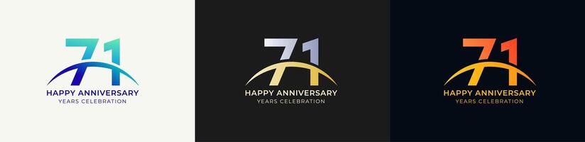 Logo Anniversary with Swoosh Sunrise 71th, 71th Happy Anniversary with Colorful Gradient, Luxury Gold and Silver. vector