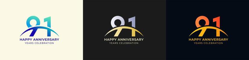 Logo Anniversary with Swoosh Sunrise 91th, 91th Happy Anniversary with Colorful Gradient, Luxury Gold and Silver. vector