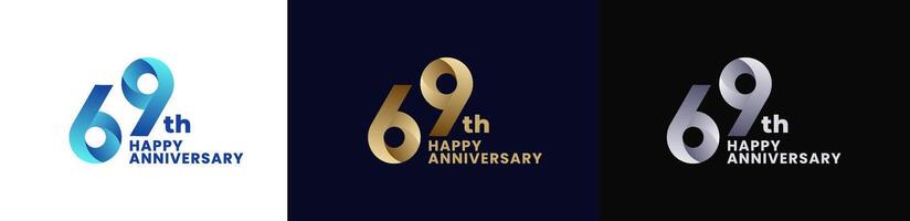 Abstract Twist Logo Anniversary 69th, 69th Happy Anniversary with Colorful Gradient, Luxury Gold and Elegant Silver. Editable file vector
