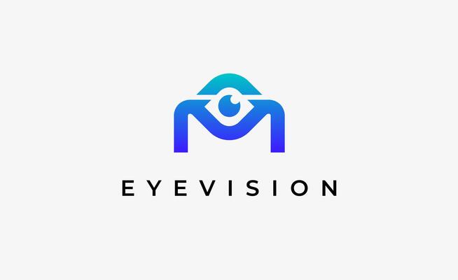 Logo alphabet M and Eye Vision. Digital, visual modern minimalist concept. Editable file.