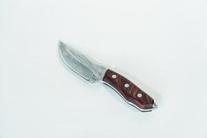Close up of an adventure and bushcraft knife using a wooden handle. Knife with a sharp stainless steel blade with a wooden handle, perfect for outdoor adventures and bushcraft activities photo
