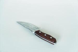 Close up of an adventure and bushcraft knife using a wooden handle. Knife with a sharp stainless steel blade with a wooden handle, perfect for outdoor adventures and bushcraft activities photo