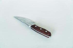 Close up of an adventure and bushcraft knife using a wooden handle. Knife with a sharp stainless steel blade with a wooden handle, perfect for outdoor adventures and bushcraft activities photo