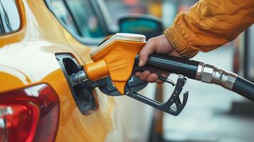 Man refilling vehicle tank at petrol station. photo