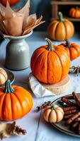 Autumnal Table Setting with Pumpkins and Cinnamon Sticks photo