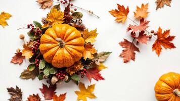 Autumn Pumpkin with Fall Leaves on White Background photo