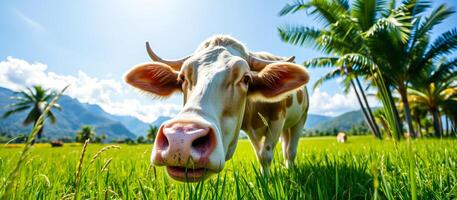 Cow grazing in a field of grass with palm trees in the background photo