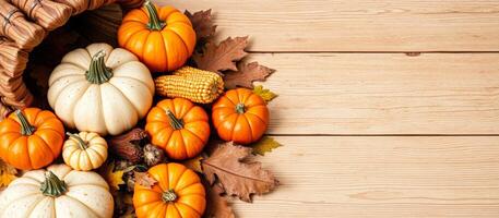 Fall Harvest Pumpkins and Corn on Wooden Background photo