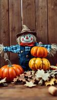 Scarecrow with Pumpkins and Autumn Leaves photo
