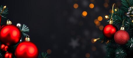 Red Christmas Ornaments on a Christmas Tree with Bokeh Lights photo
