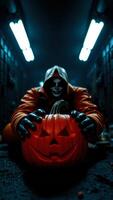 Halloween pumpkin held by a mysterious figure photo