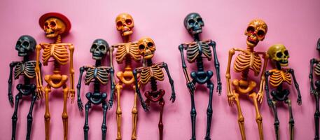 Skeletons Standing in Line on Pink Background photo