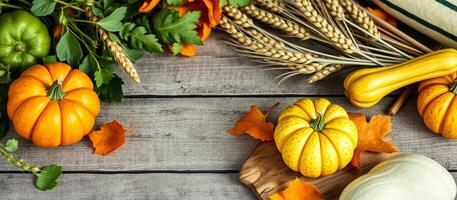 Autumn Harvest Still Life with Pumpkins, Wheat, and Fall Leaves photo