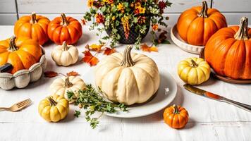 Autumnal Table Setting with Pumpkins and Flowers photo