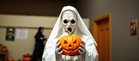 Scary Nun with Pumpkin photo