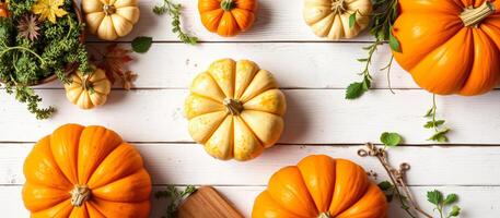 Autumnal Pumpkin Arrangement on White Wooden Background photo