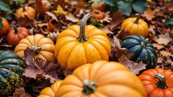 Close up of pumpkins in autumn leaves photo