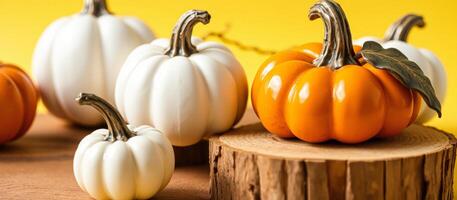 Autumnal Still Life with Pumpkins on Wooden Stump photo