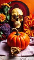 Spooky Still Life With A Pumpkin and Skull photo