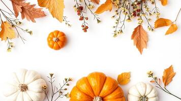 Autumnal Still Life with Pumpkins and Leaves photo