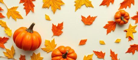 Autumn Leaves and Pumpkins on a White Background photo