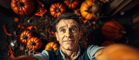 Man surrounded by pumpkins photo