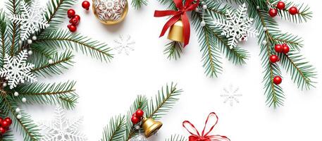 Christmas Background with Fir Branches, Decorations and Copy Space photo