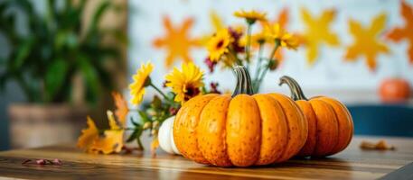 Fall Pumpkins and Yellow Flowers on a Wooden Table photo