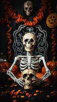 Skeleton holding a skull surrounded by pumpkins and candy photo