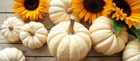 White Pumpkins and Sunflowers on Wooden Background photo