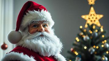 Santa Claus Portrait with Christmas Tree in Background photo