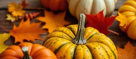 Close Up of Pumpkins with Fall Leaves photo