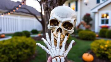 Skeleton Hand Reaching Out From Behind a Skull photo