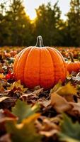 Pumpkin in a field of fallen leaves photo