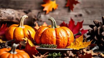 Autumnal Pumpkins and Leaves photo