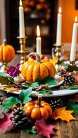 Autumnal Table Setting with Pumpkins, Candles, and Fall Foliage photo